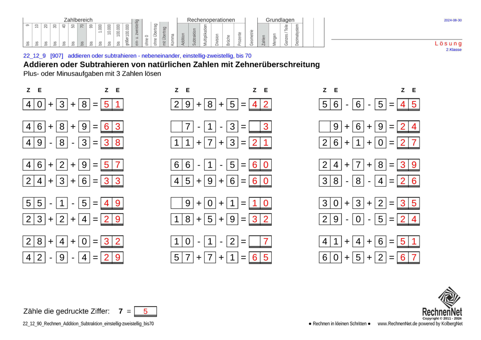 Lösung: 22_12_9 Rechnen Addition Subtraktion einstellig-zweistellig bis70