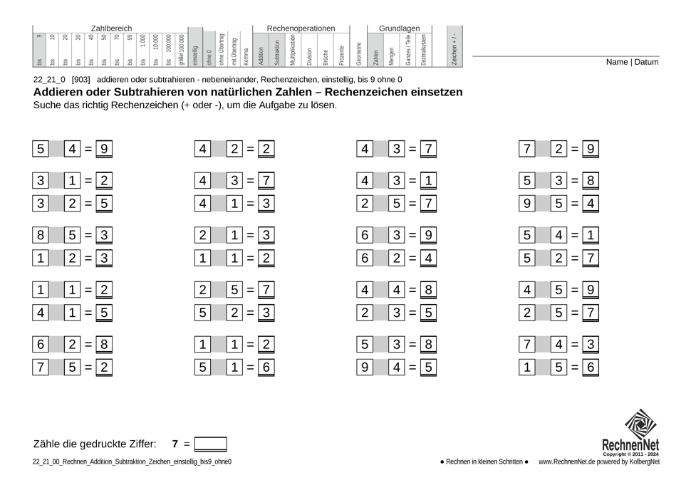 22_21_0 Rechnen Addition Subtraktion Rechenzeichen einstellig bis9 ohne0