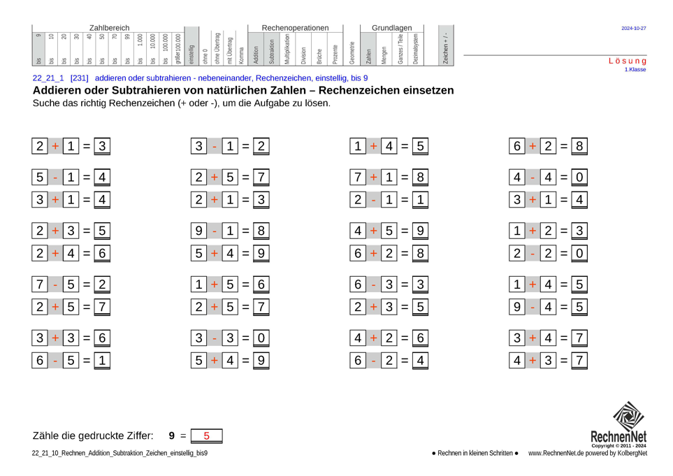 Lösung: 22_21_1 Rechnen Addition Subtraktion Rechenzeichen einstellig bis9