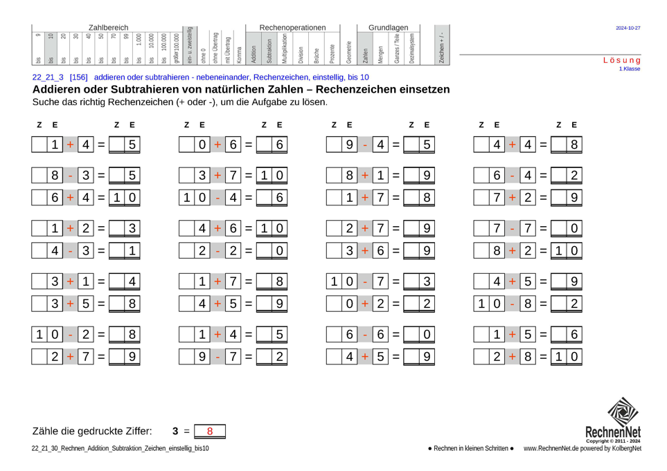 Lösung: 22_21_3 Rechnen Addition Subtraktion Rechenzeichen einstellig bis10