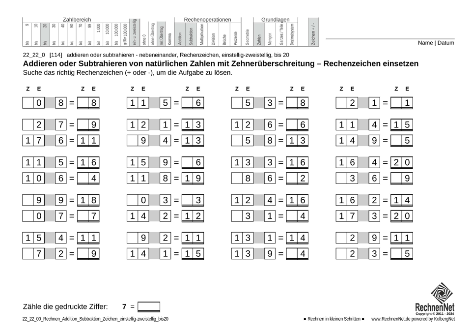 22_22_0 Rechnen Addition Subtraktion Rechenzeichen einstellig-zweistellig bis20