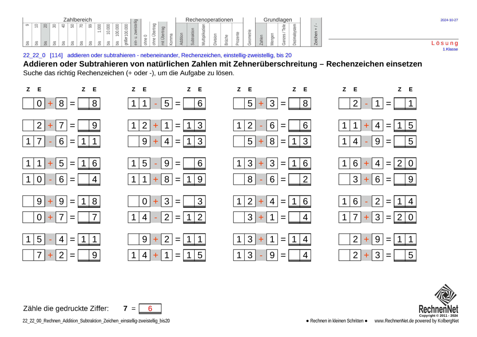 Lösung: 22_22_0 Rechnen Addition Subtraktion Rechenzeichen einstellig-zweistellig bis20
