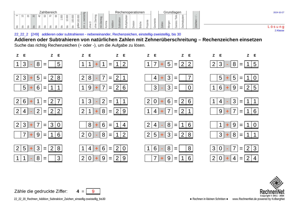 Lösung: 22_22_2 Rechnen Addition Subtraktion Rechenzeichen einstellig-zweistellig bis30