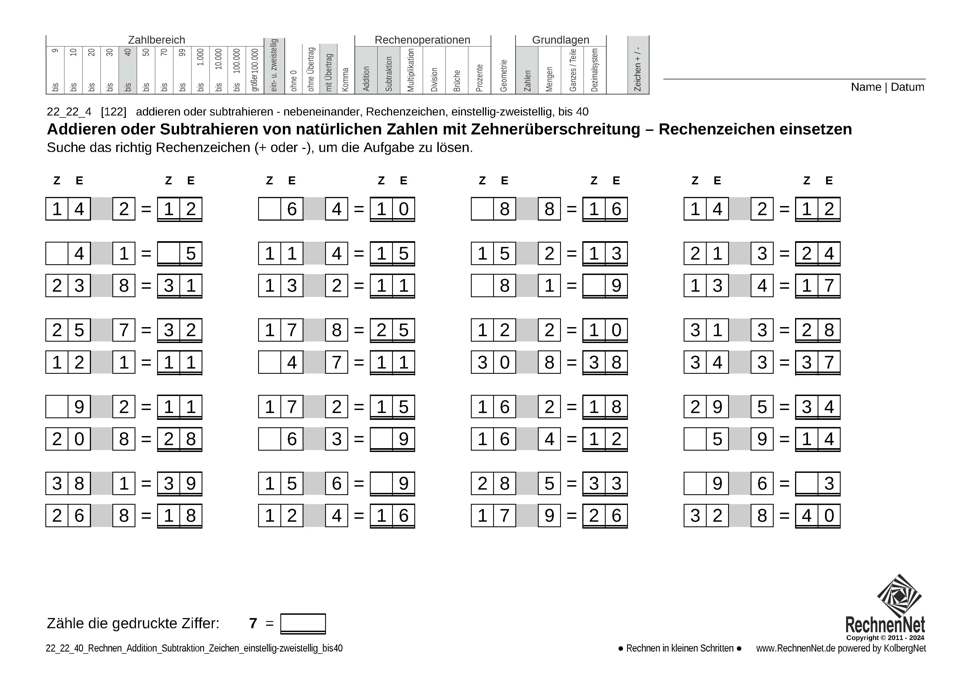 22_22_4 Rechnen Addition Subtraktion Rechenzeichen einstellig-zweistellig bis40