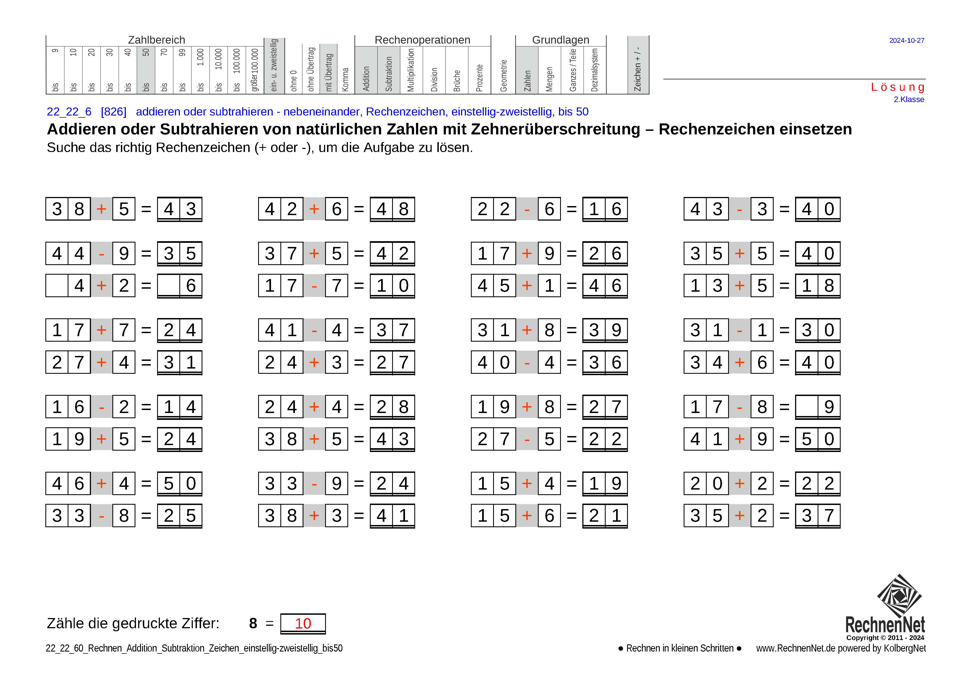 Lösung: 22_22_6 Rechnen Addition Subtraktion Rechenzeichen einstellig-zweistellig bis50