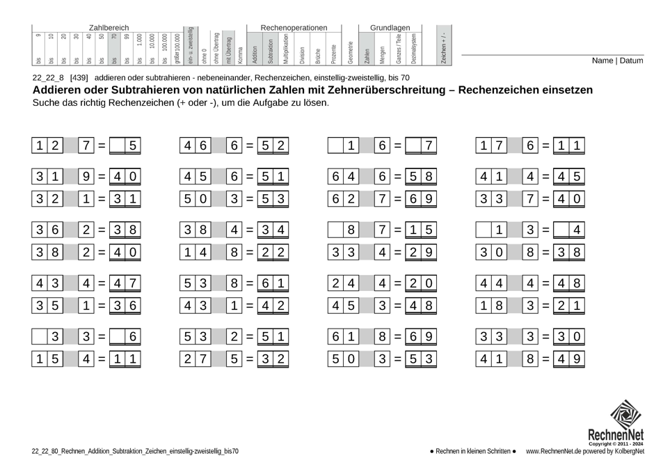 22_22_8 Rechnen Addition Subtraktion Rechenzeichen einstellig-zweistellig bis70