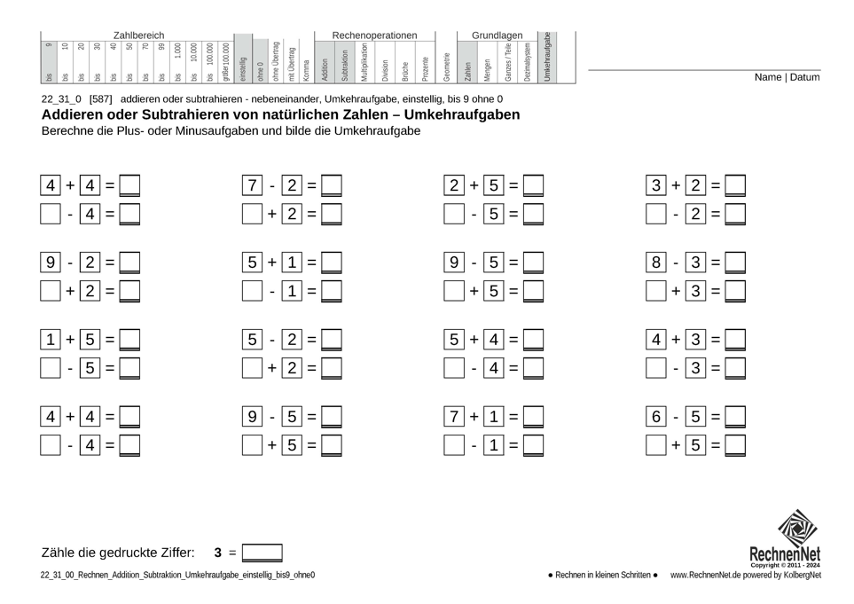 22_24_0 Rechnen Addition Subtraktion Umkehraufgabe einstellig bis9 ohne0