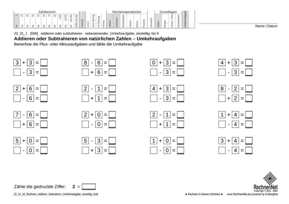 22_24_1 Rechnen Addition Subtraktion Umkehraufgabe einstellig bis9