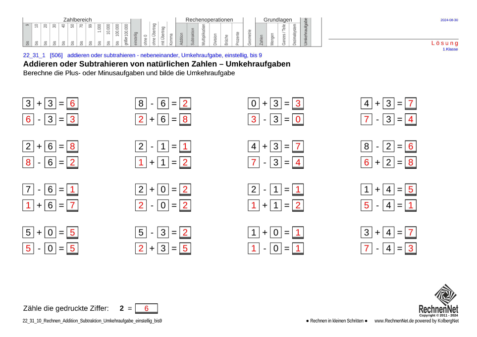 Lösung: 22_24_1 Rechnen Addition Subtraktion Umkehraufgabe einstellig bis9