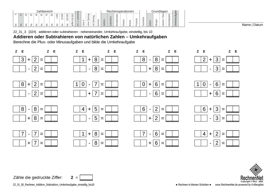 22_24_3 Rechnen Addition Subtraktion Umkehraufgabe einstellig bis10