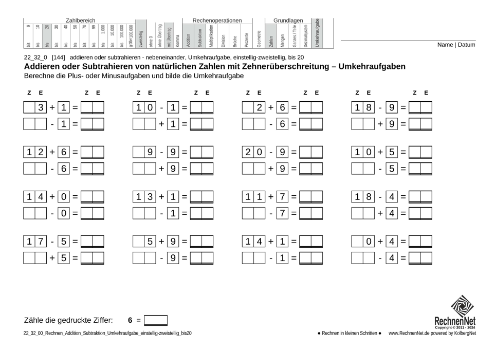 22_25_0 Rechnen Addition Subtraktion Umkehraufgabe einstellig-zweistellig bis20