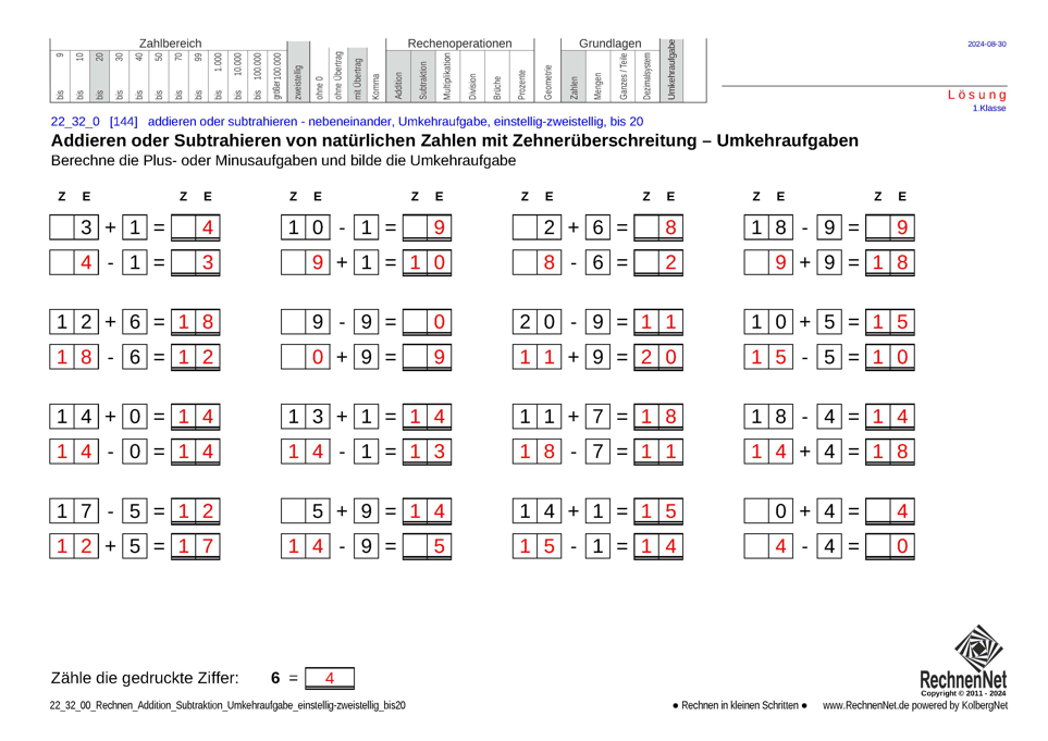 Lösung: 22_25_0 Rechnen Addition Subtraktion Umkehraufgabe einstellig-zweistellig bis20