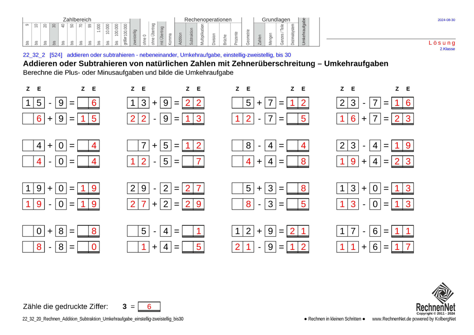 Lösung: 22_25_2 Rechnen Addition Subtraktion Umkehraufgabe einstellig-zweistellig bis30