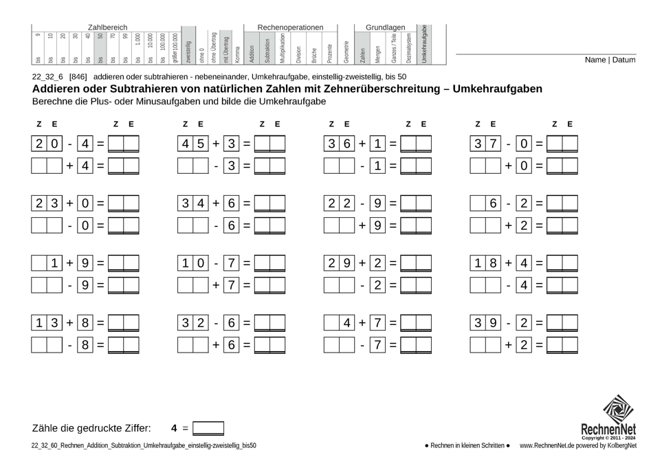 22_25_6 Rechnen Addition Subtraktion Umkehraufgabe einstellig-zweistellig bis50