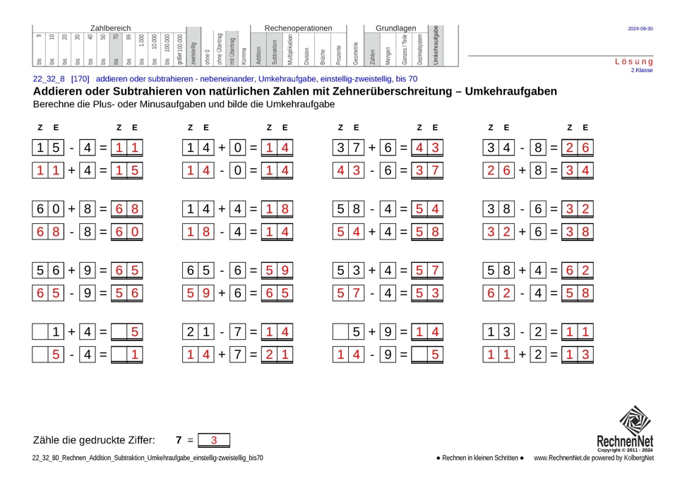 Lösung: 22_25_8 Rechnen Addition Subtraktion Umkehraufgabe einstellig-zweistellig bis70