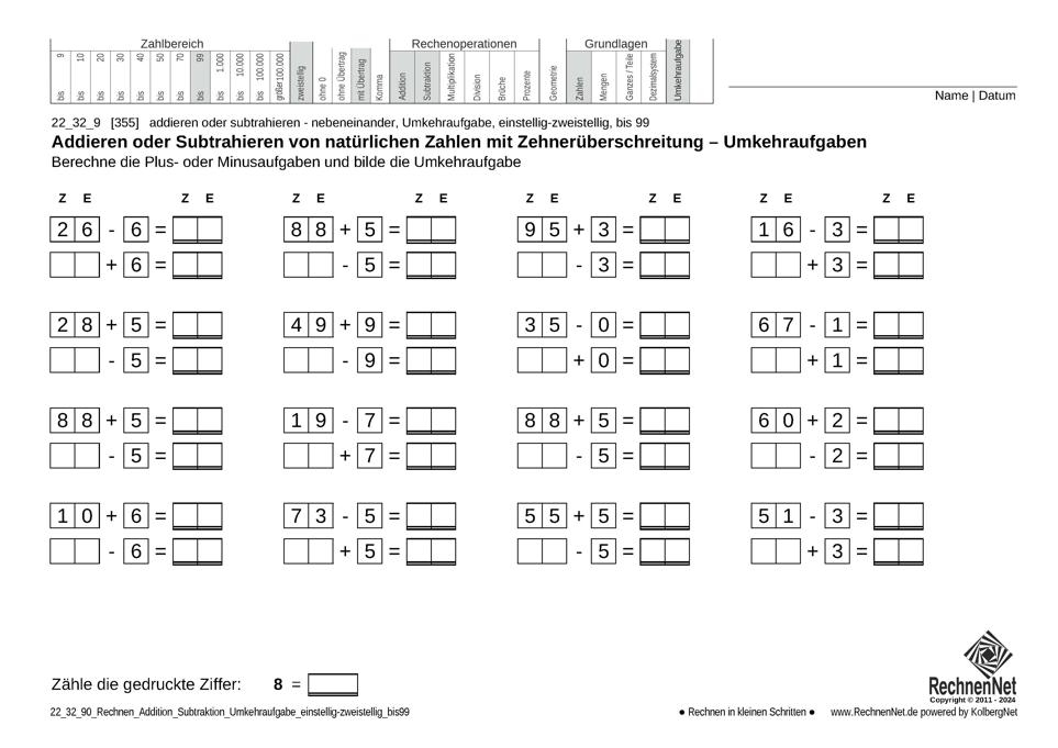 22_25_9 Rechnen Addition Subtraktion Umkehraufgabe einstellig-zweistellig bis99