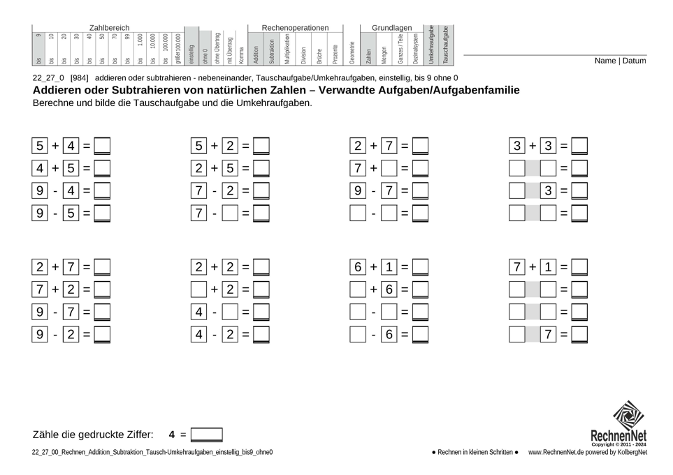 22_27_0 Rechnen Addition Subtraktion Tausch-Umkehraufgaben einstellig bis9 ohne0