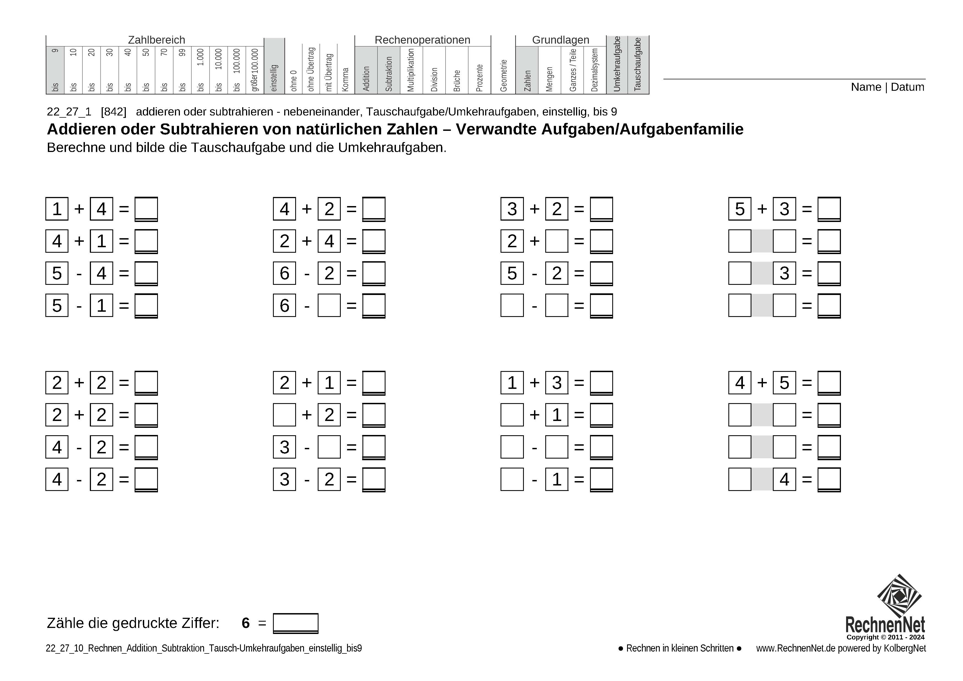 22_27_1 Rechnen Addition Subtraktion Tausch-Umkehraufgaben einstellig bis9