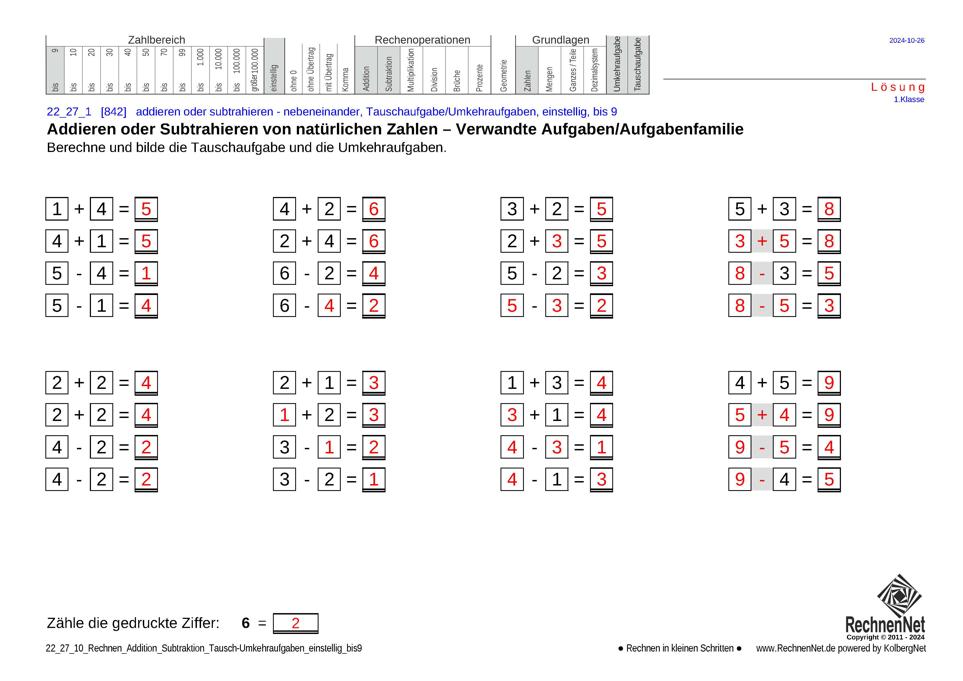 Lösung: 22_27_1 Rechnen Addition Subtraktion Tausch-Umkehraufgaben einstellig bis9