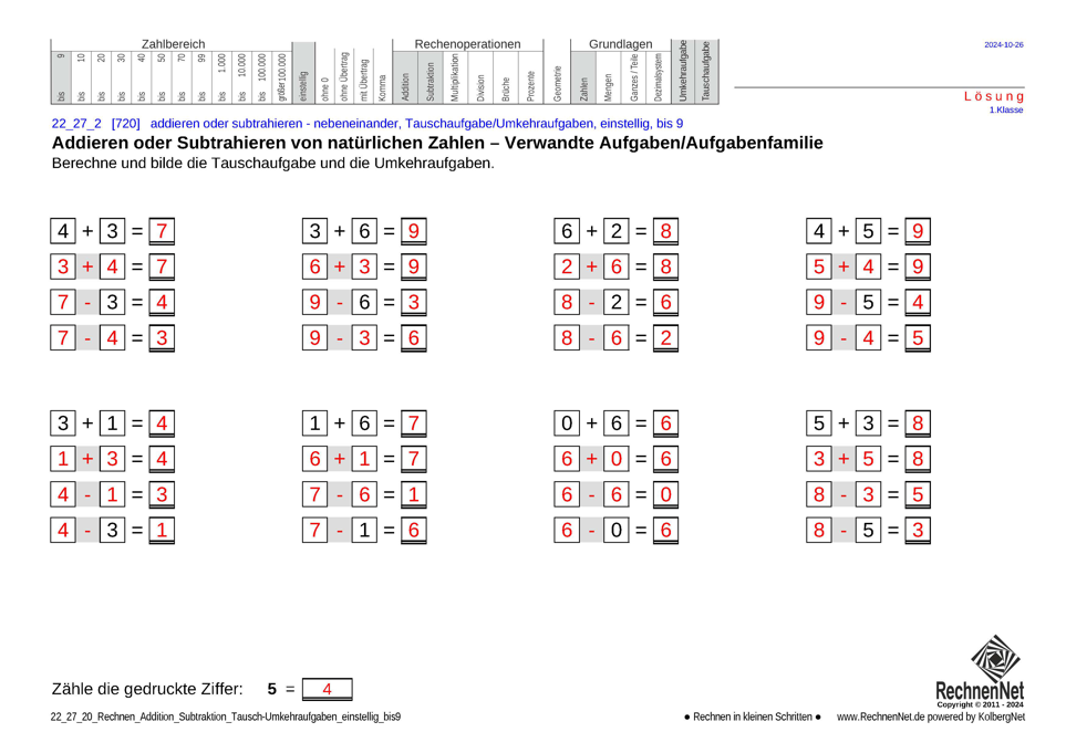 Lösung: 22_27_2 Rechnen Addition Subtraktion Tausch-Umkehraufgaben einstellig bis9