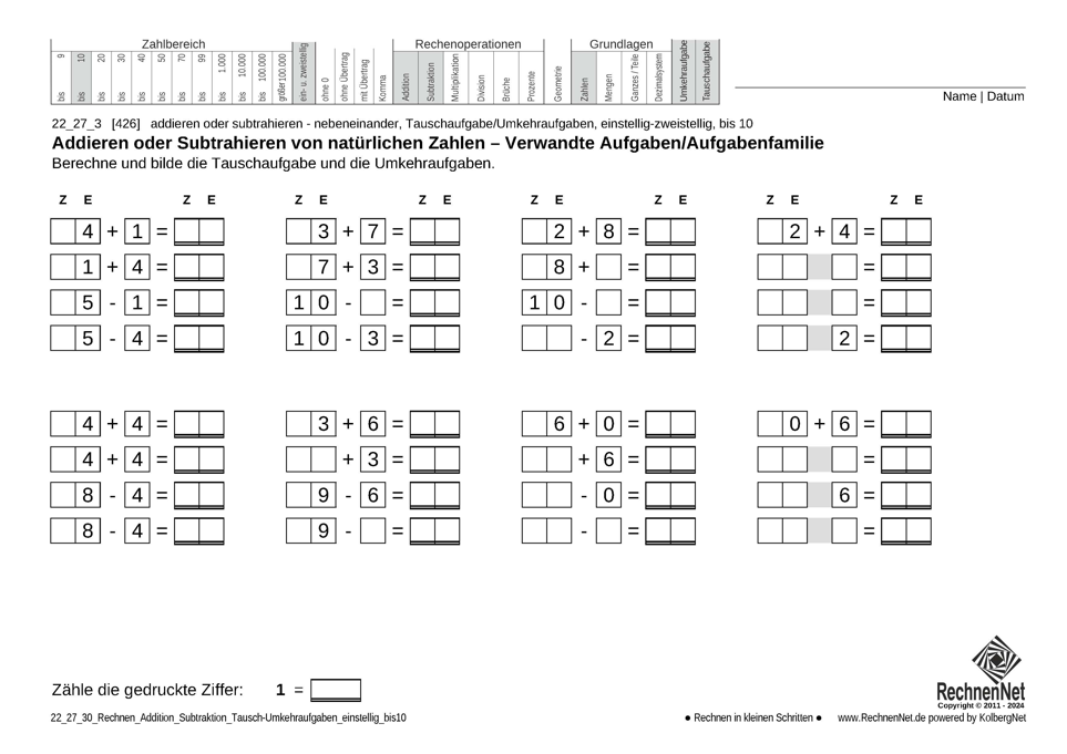 22_27_3 Rechnen Addition Subtraktion Tausch-Umkehraufgaben einstellig bis10