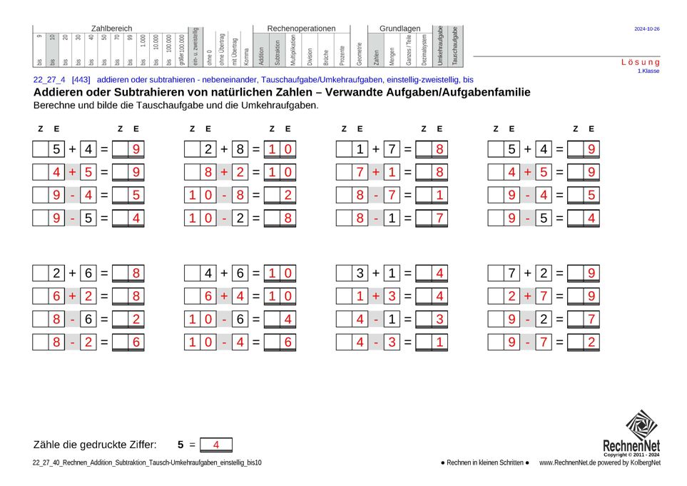 Lösung: 22_27_4 Rechnen Addition Subtraktion Tausch-Umkehraufgaben einstellig bis10