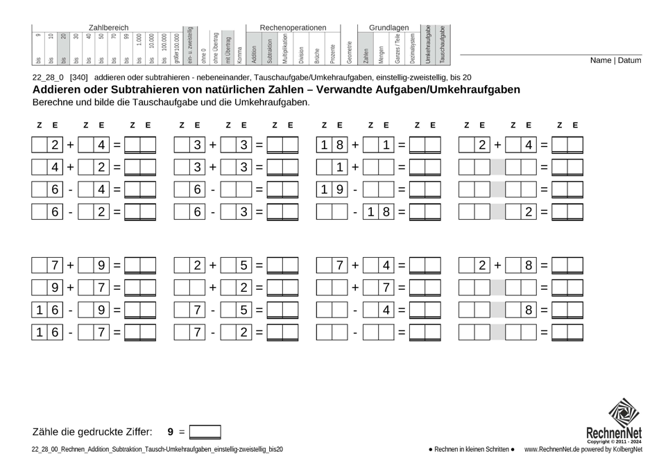 22_28_0 Rechnen Addition Subtraktion Tausch-Umkehraufgaben einstellig-zweistellig bis20