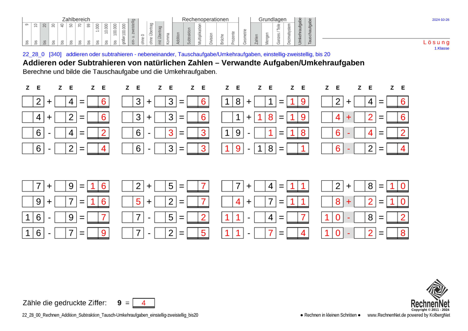 Lösung: 22_28_0 Rechnen Addition Subtraktion Tausch-Umkehraufgaben einstellig-zweistellig bis20