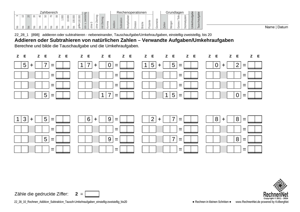 22_28_1 Rechnen Addition Subtraktion Tausch-Umkehraufgaben einstellig-zweistellig bis20