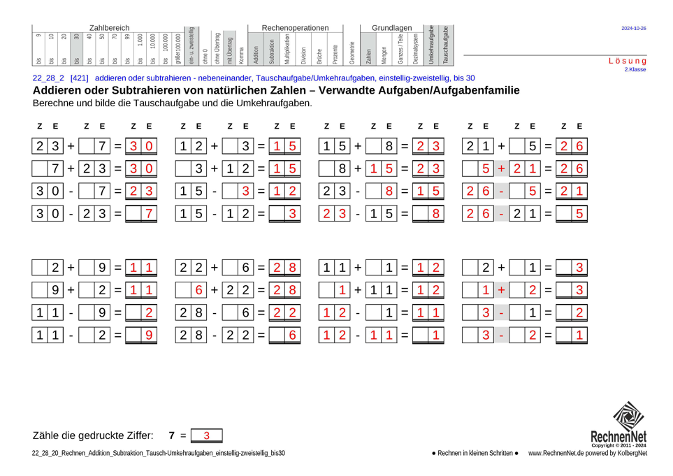 Lösung: 22_28_2 Rechnen Addition Subtraktion Tausch-Umkehraufgaben einstellig-zweistellig bis30