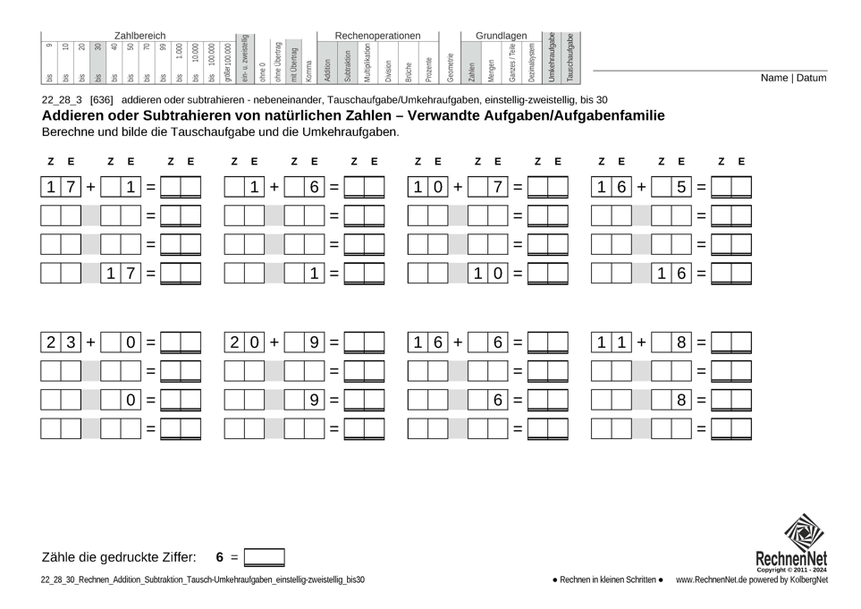 22_28_3 Rechnen Addition Subtraktion Tausch-Umkehraufgaben einstellig-zweistellig bis30