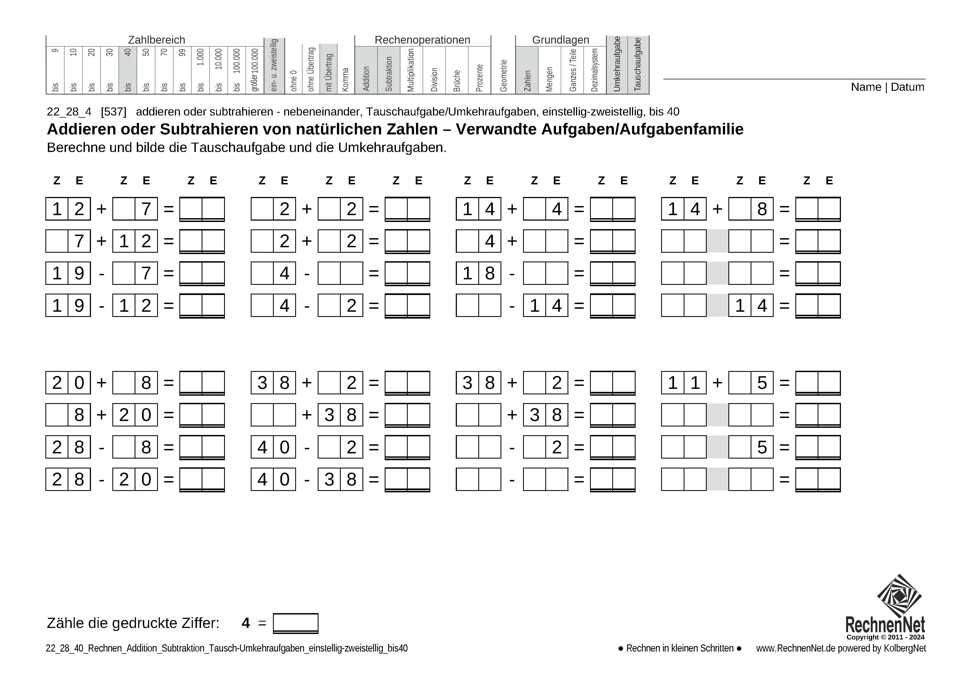 22_28_4 Rechnen Addition Subtraktion Tausch-Umkehraufgaben einstellig-zweistellig bis40