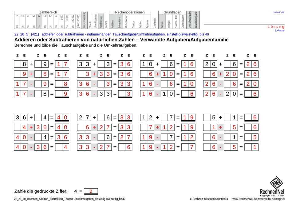 Lösung: 22_28_5 Rechnen Addition Subtraktion Tausch-Umkehraufgaben einstellig-zweistellig bis40