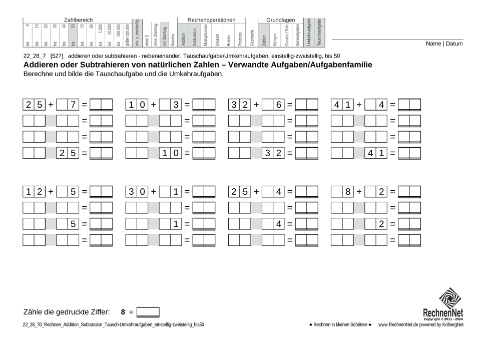22_28_7 Rechnen Addition Subtraktion Tausch-Umkehraufgaben einstellig-zweistellig bis50