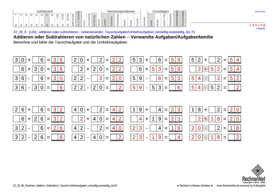 Lösung: 22_28_8 Rechnen Addition Subtraktion Tausch-Umkehraufgaben einstellig-zweistellig bis70