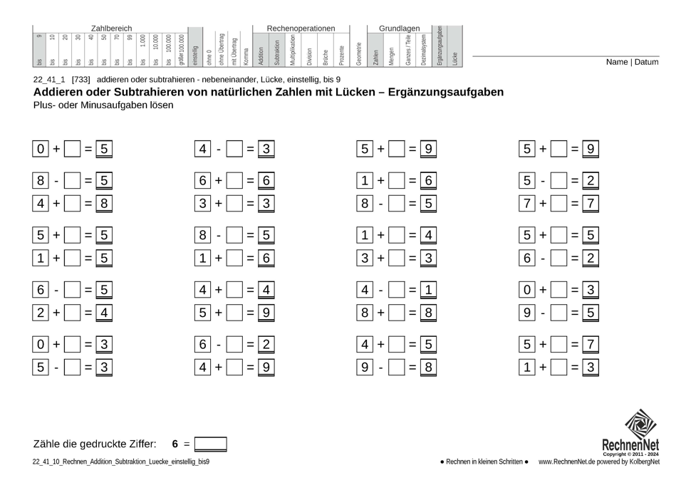 22_41_1 Rechnen Addition Subtraktion Lücke einstellig bis9