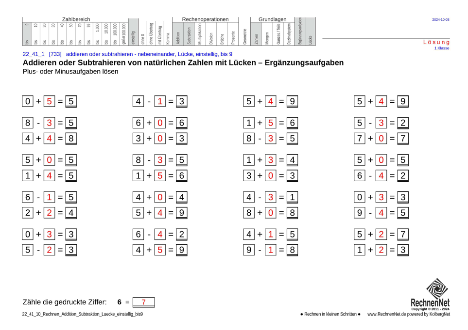 Lösung: 22_41_1 Rechnen Addition Subtraktion Lücke einstellig bis9