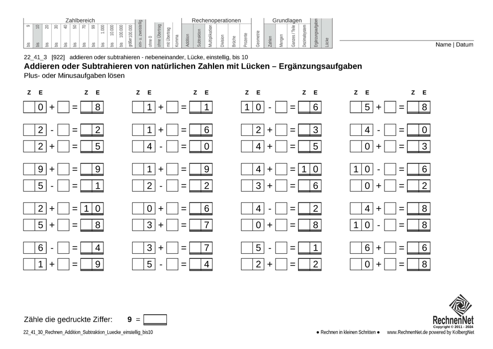 22_41_3 Rechnen Addition Subtraktion Lücke einstellig bis10