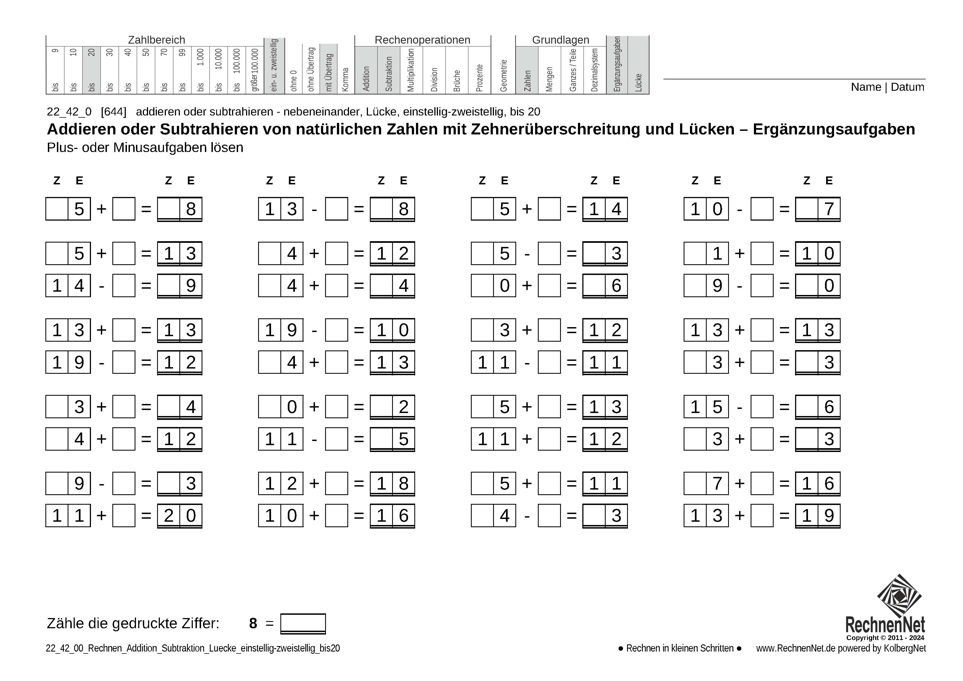 22_42_0 Rechnen Addition Subtraktion Lücke einstellig-zweistellig bis20
