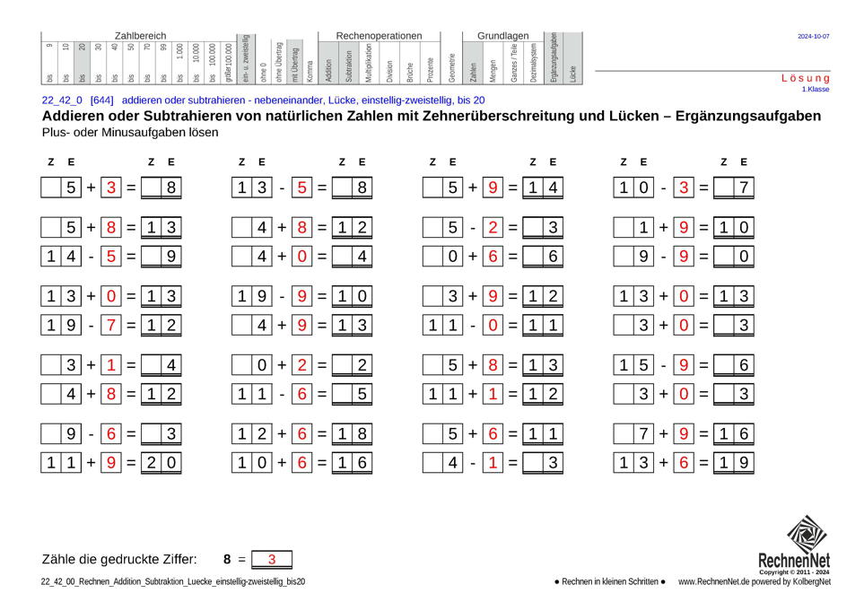 Lösung: 22_42_0 Rechnen Addition Subtraktion Lücke einstellig-zweistellig bis20