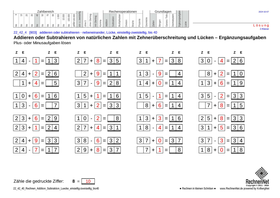Lösung: 22_42_4 Rechnen Addition Subtraktion Lücke einstellig-zweistellig bis40