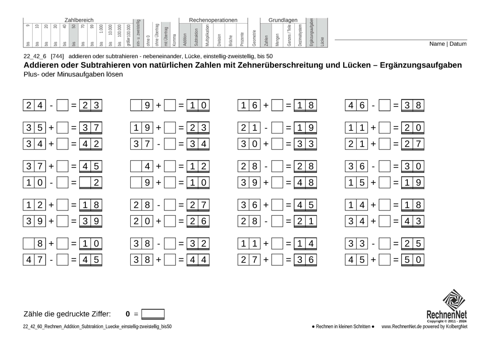 22_42_6 Rechnen Addition Subtraktion Lücke einstellig-zweistellig bis50