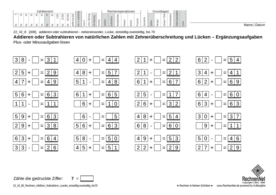 22_42_8 Rechnen Addition Subtraktion Lücke einstellig-zweistellig bis70