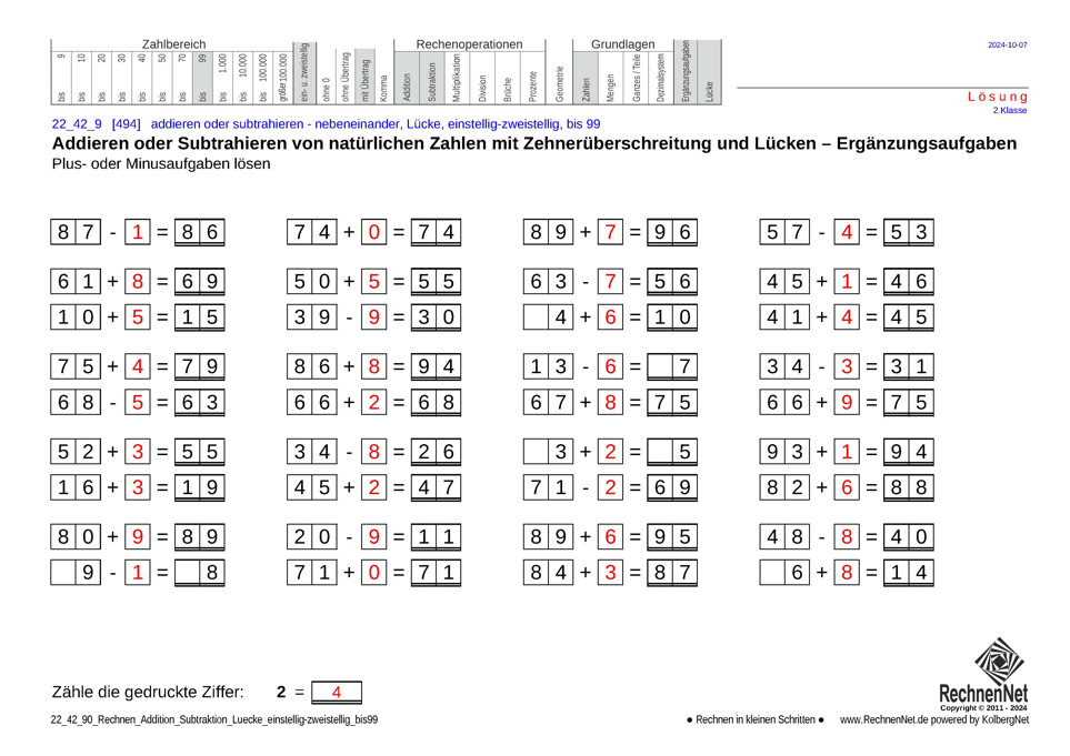 Lösung: 22_42_9 Rechnen Addition Subtraktion Lücke einstellig-zweistellig bis99