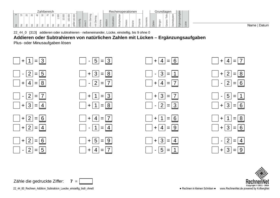 22_44_0 Rechnen Addition Subtraktion Lücke einstellig bis9 ohne0