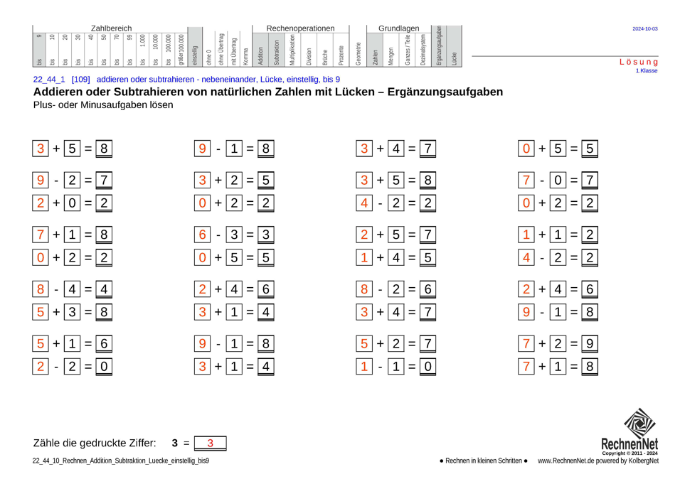 Lösung: 22_44_1 Rechnen Addition Subtraktion Lücke einstellig bis9