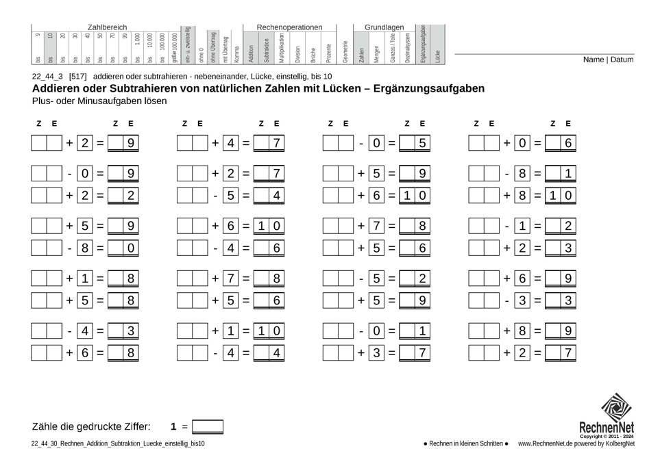 22_44_3 Rechnen Addition Subtraktion Lücke einstellig bis10