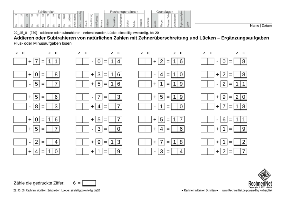 22_45_0 Rechnen Addition Subtraktion Lücke einstellig-zweistellig bis20