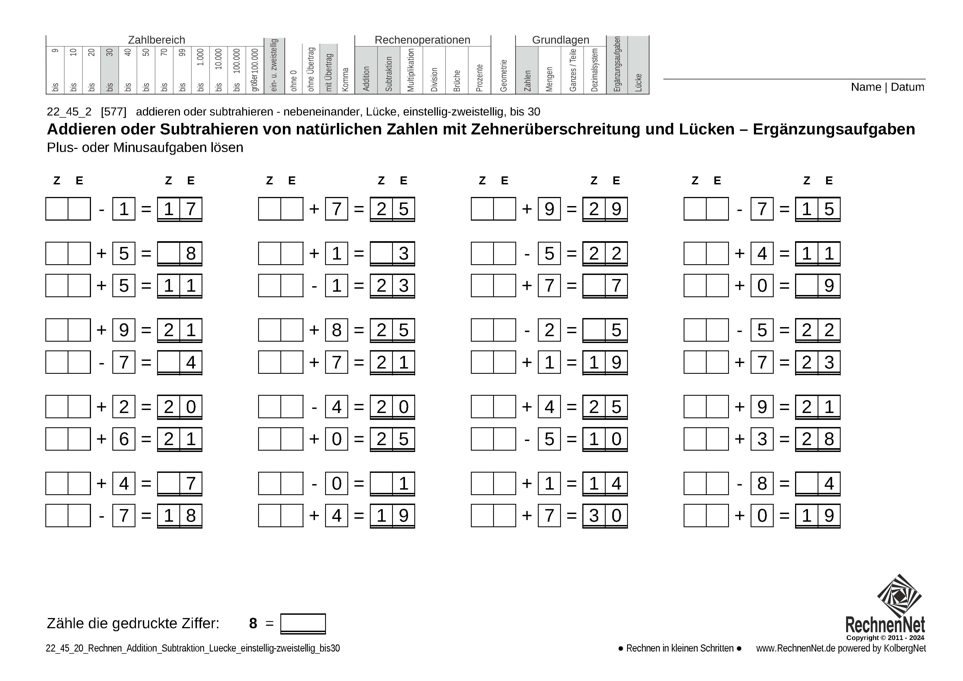 22_45_2 Rechnen Addition Subtraktion Lücke einstellig-zweistellig bis30