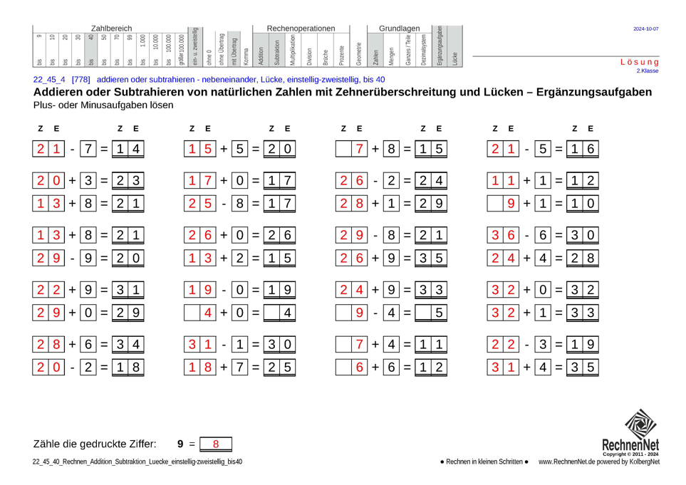 Lösung: 22_45_4 Rechnen Addition Subtraktion Lücke einstellig-zweistellig bis40
